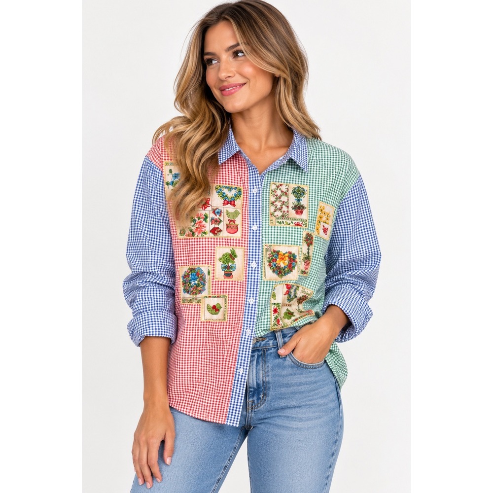Quacker Factory Button Up Shirt Patchwork Gingham Cottage Grannycore Women 1X